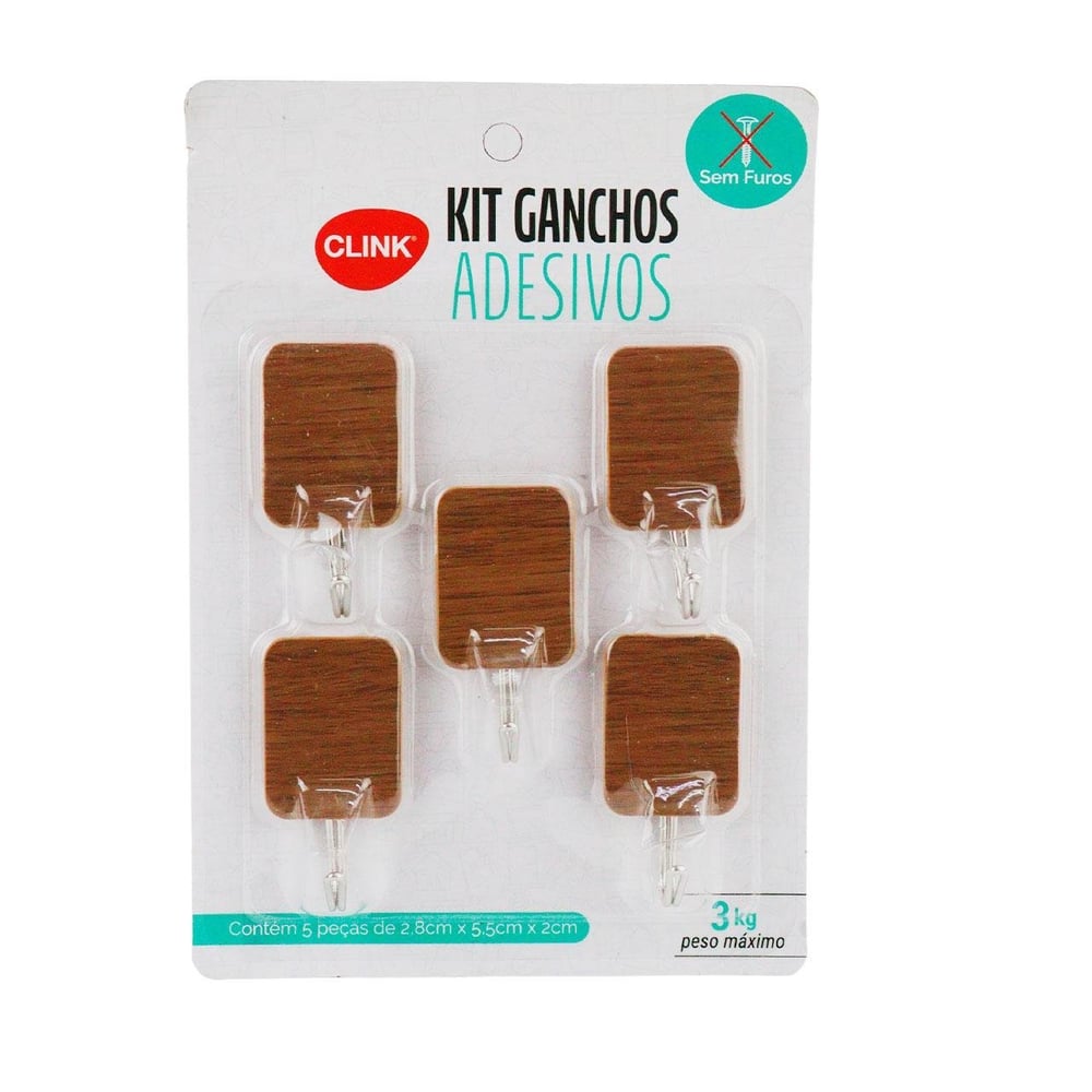 Gancho de Plástico 5 Pçs 6cm Adesivo Madeira