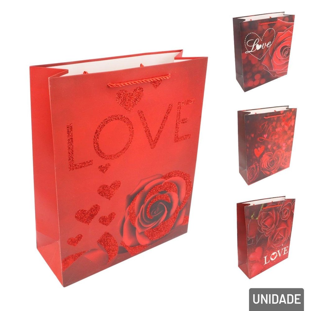 Sacola de Papel 32x26cm com Glitter Love Sortidos