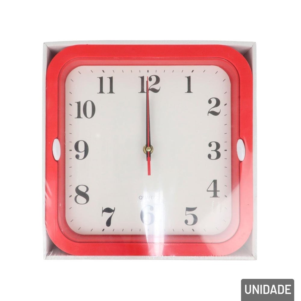 Relógio Analógico de Parede 26cm Quadrado Vermelho