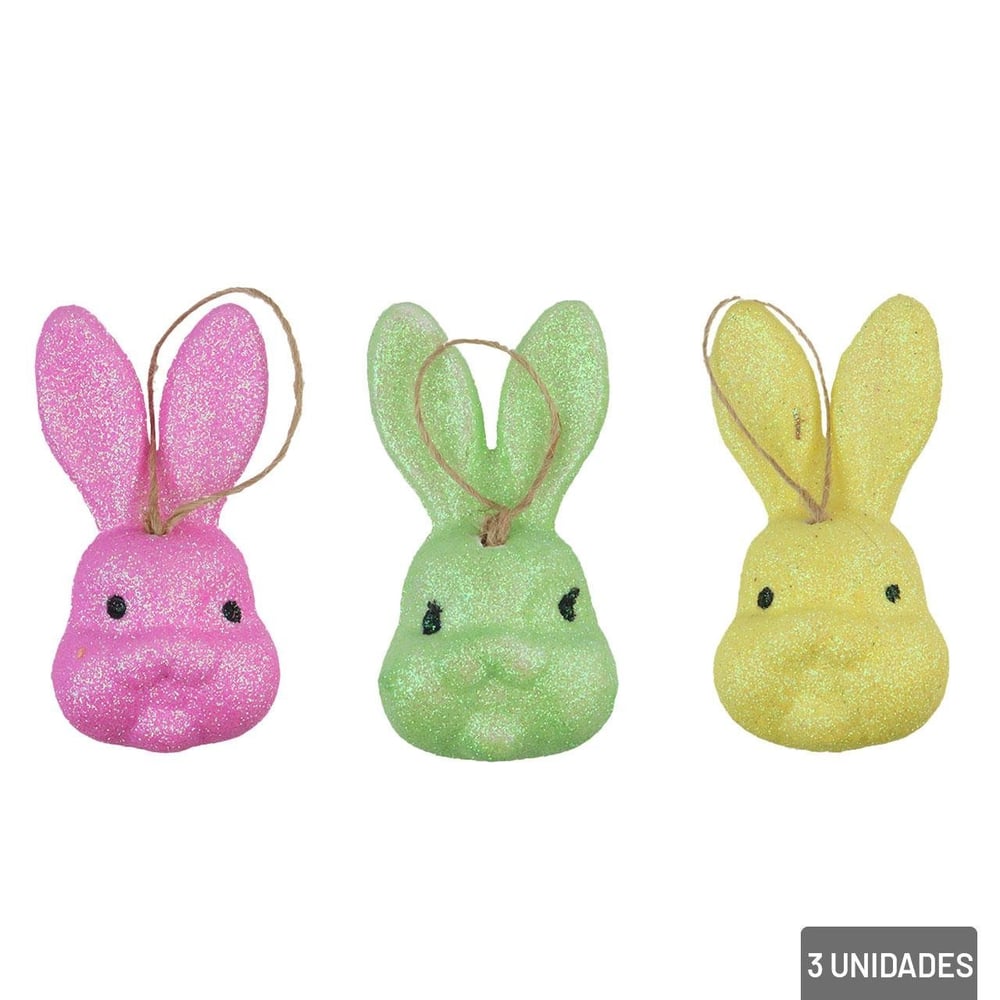 Enfeite de Páscoa Coelho Decorados Glitter 3 Peças