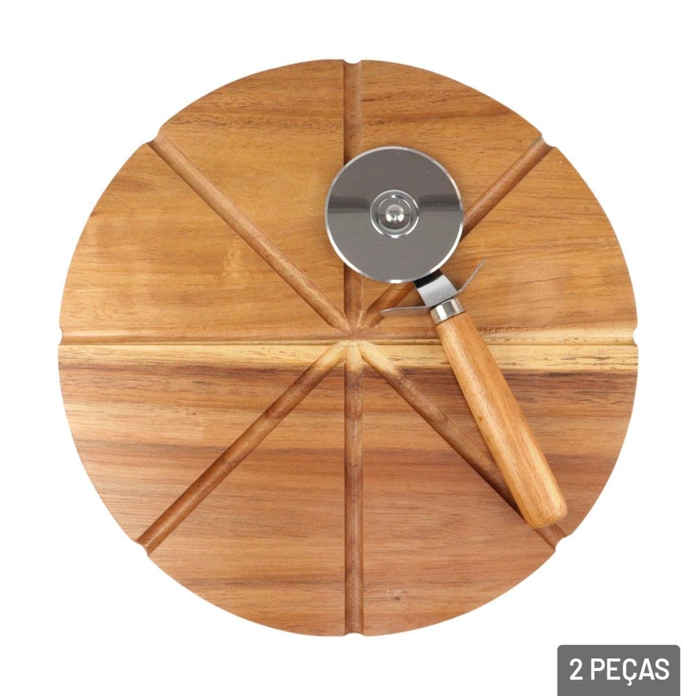 Tábua de Corte Bambu 24x24cm Pizza com Cortador