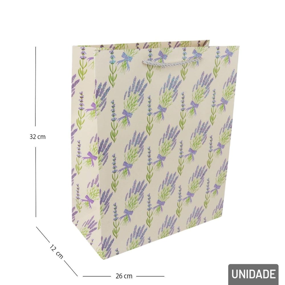 Sacola de Papel 32x26cm Flores Lavanda Glitter
