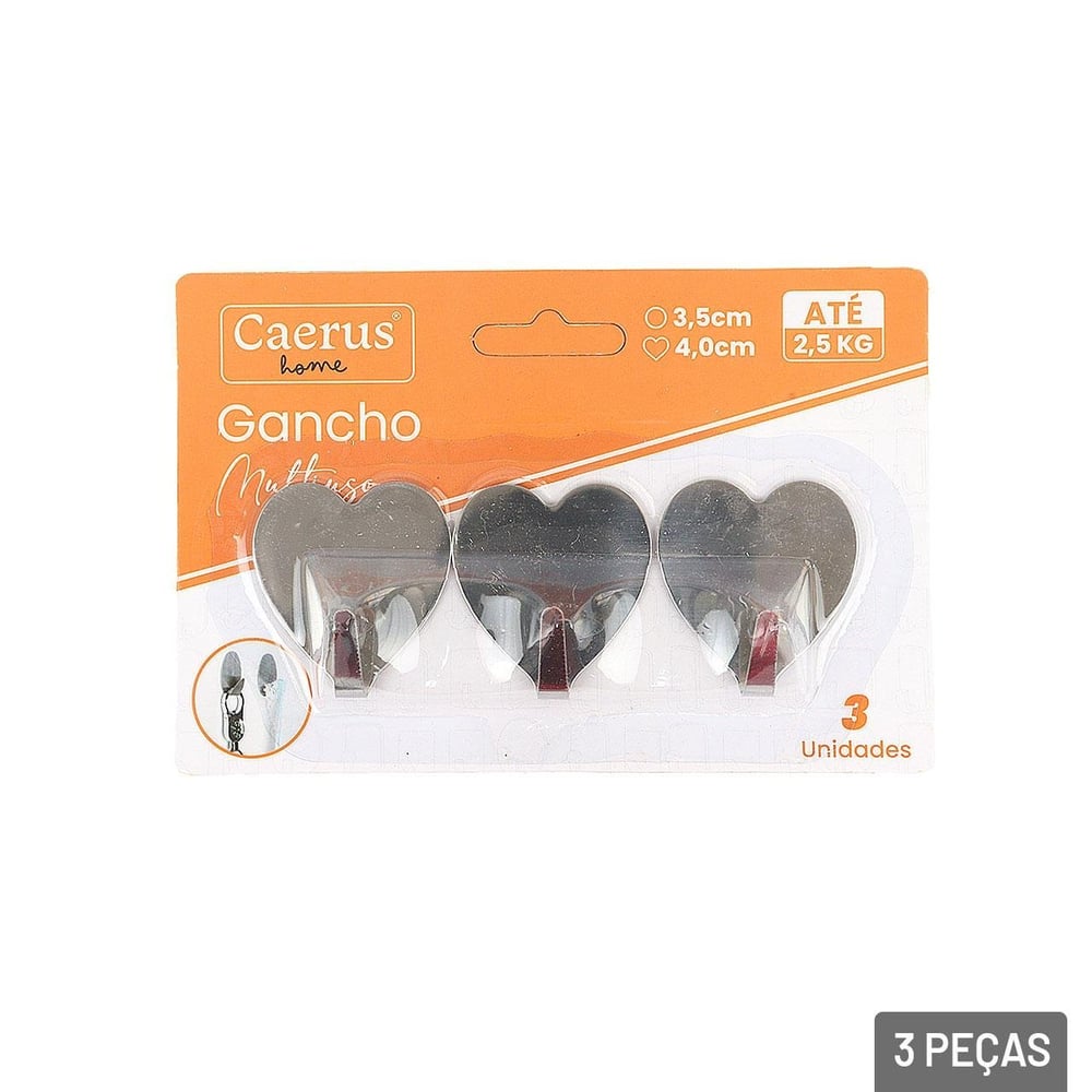 Gancho de Metal 3 Pçs 4cm Adesivo Coração Prata