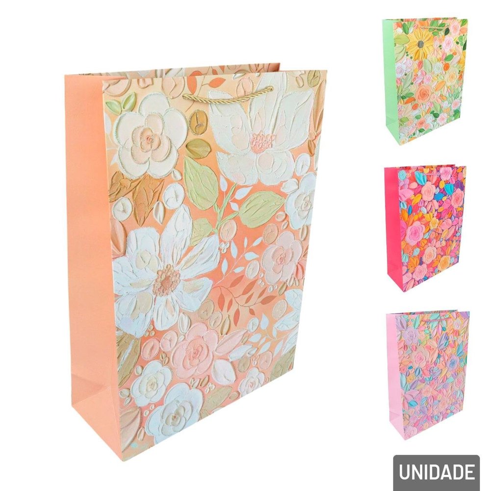 Sacola de Papel 41,5x30cm Flores Glitter Sortidas