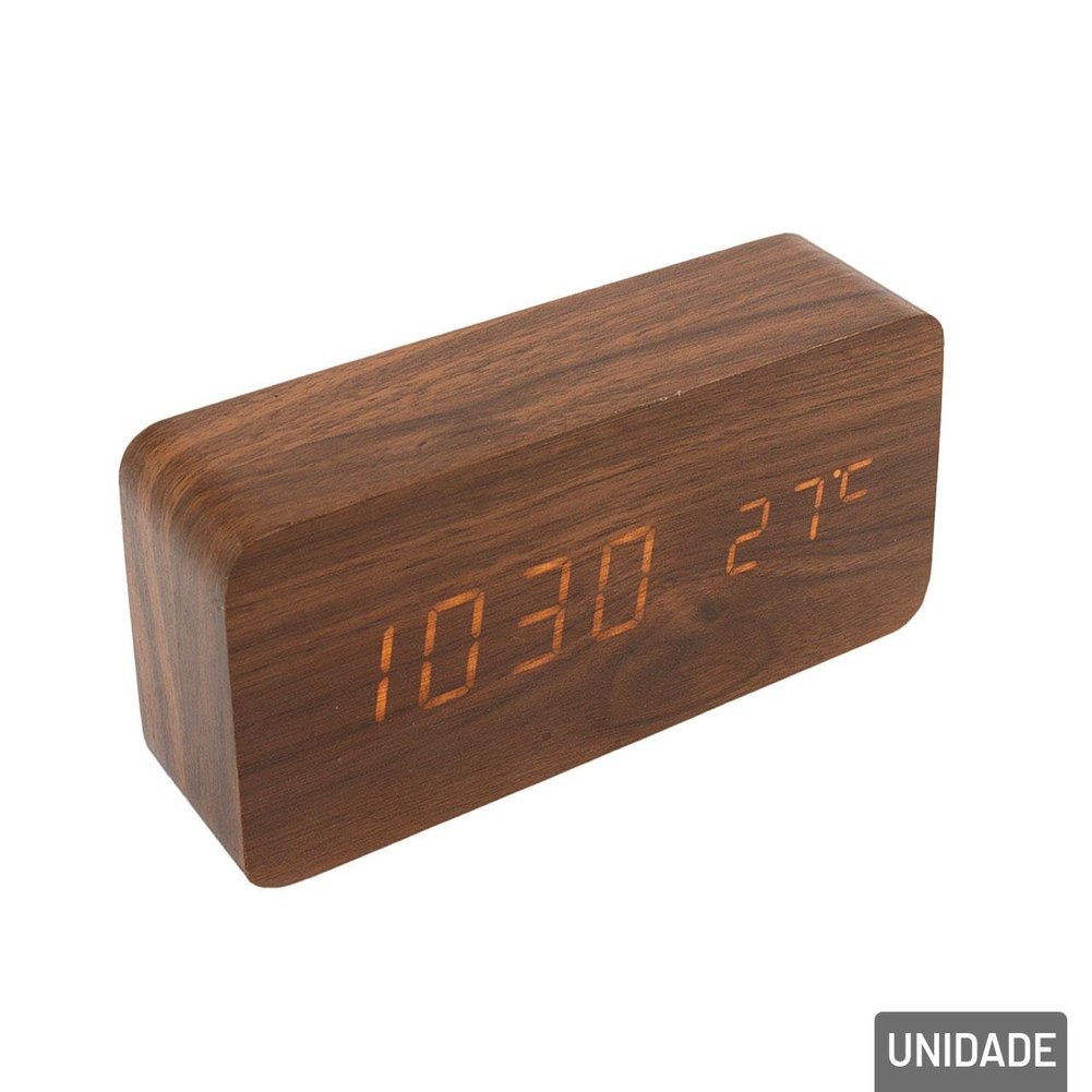 Relógio de Mesa Digital 15cm Madeira Despertador