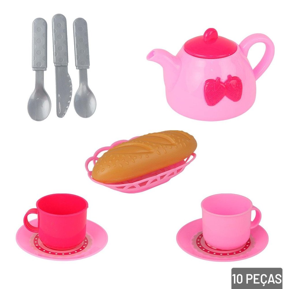 KIT Cozinha de Plástico 10 Peças Hora do Chá Rosa