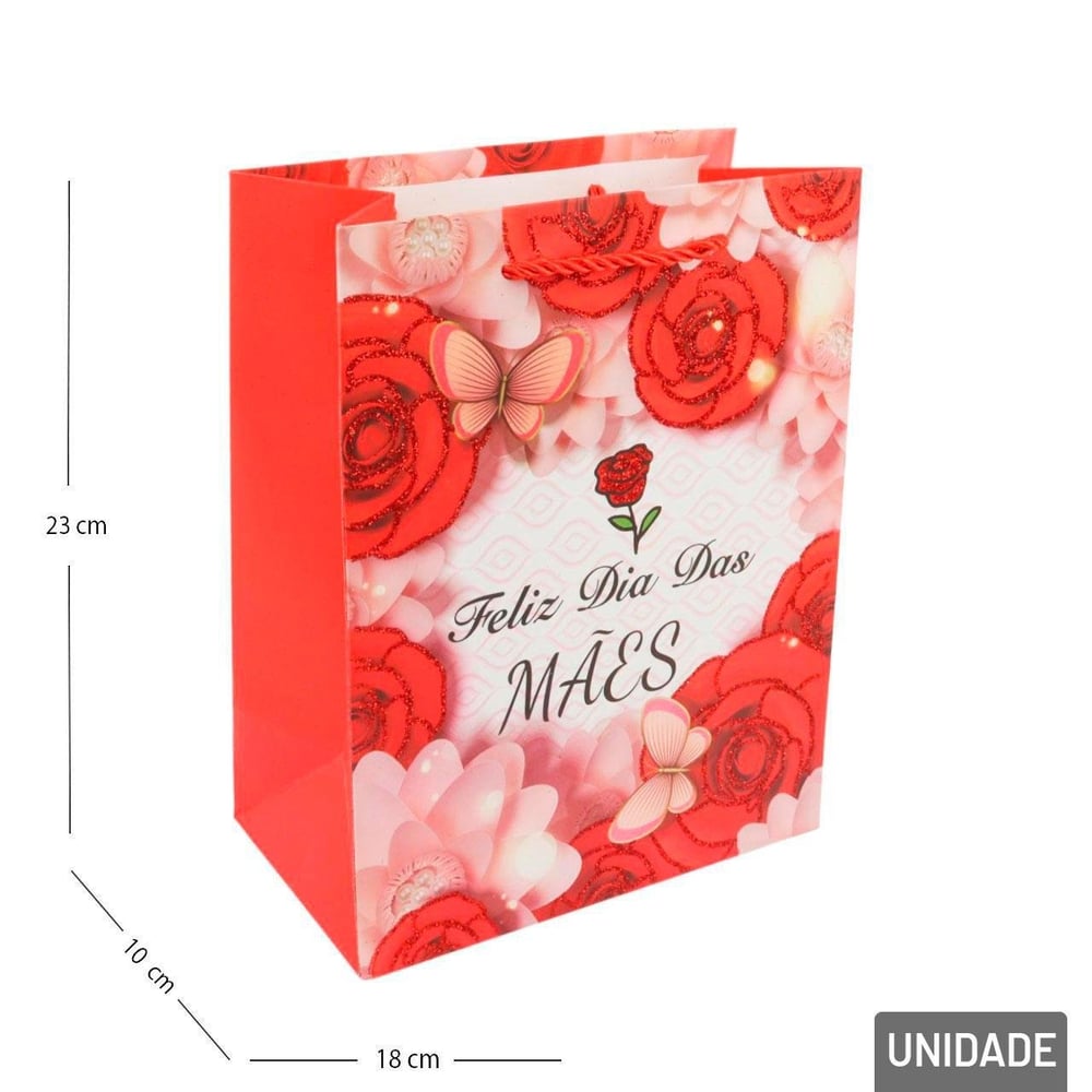 Sacola de Papel 23x18cm Flores Glitter Vermelho