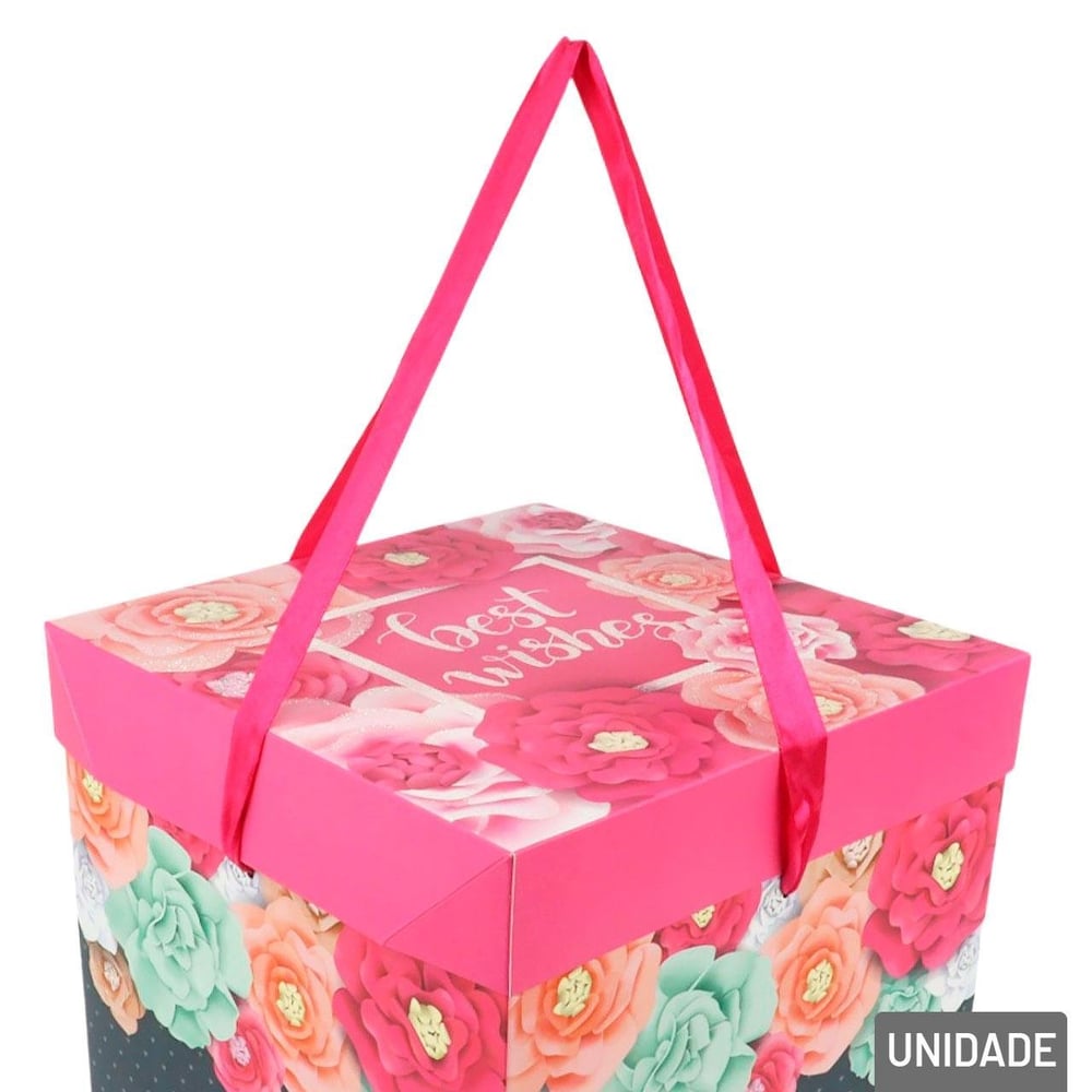 Caixa de Presente de Papel 22cm Rosas com Laço