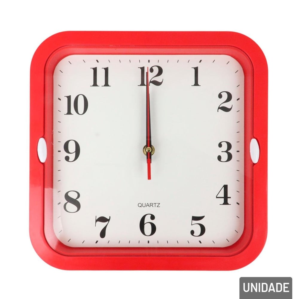 Relógio Analógico de Parede 26cm Quadrado Vermelho