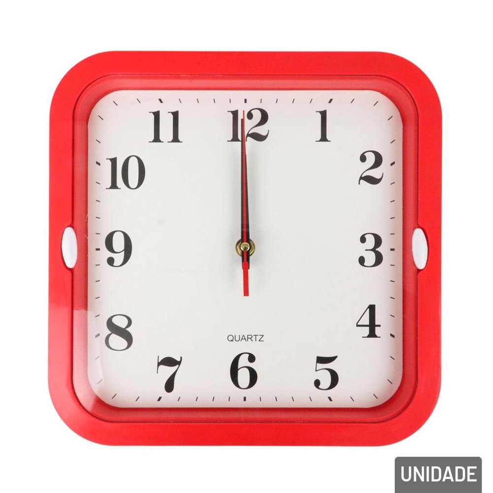 Relógio Analógico de Parede 26cm Quadrado Vermelho