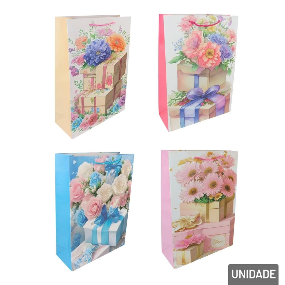 Sacola de Papel 41x30cm Flores Glitter Sortidas