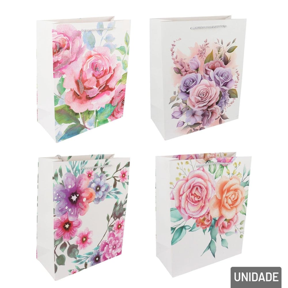 Sacola de Papel 32x26cm Flores com Glitter Sortido