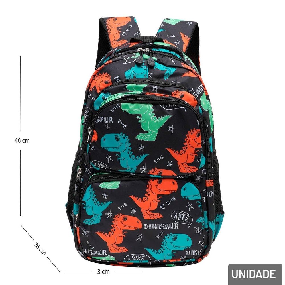 Mochila Juvenil 18'' 46cm Dinossauro Preto