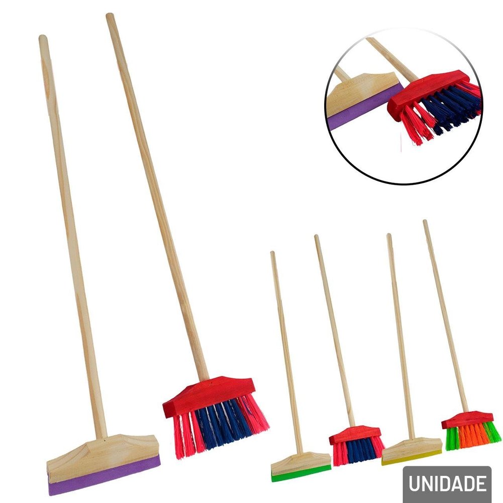 KIT Vassoura e Rodo Infantil de Madeira 66cm Color