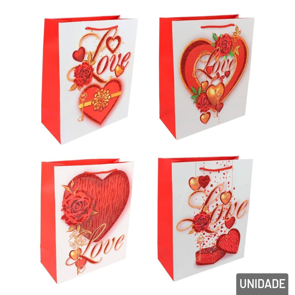 Sacola de Papel 32x26cm Coração Frase Love Sortido