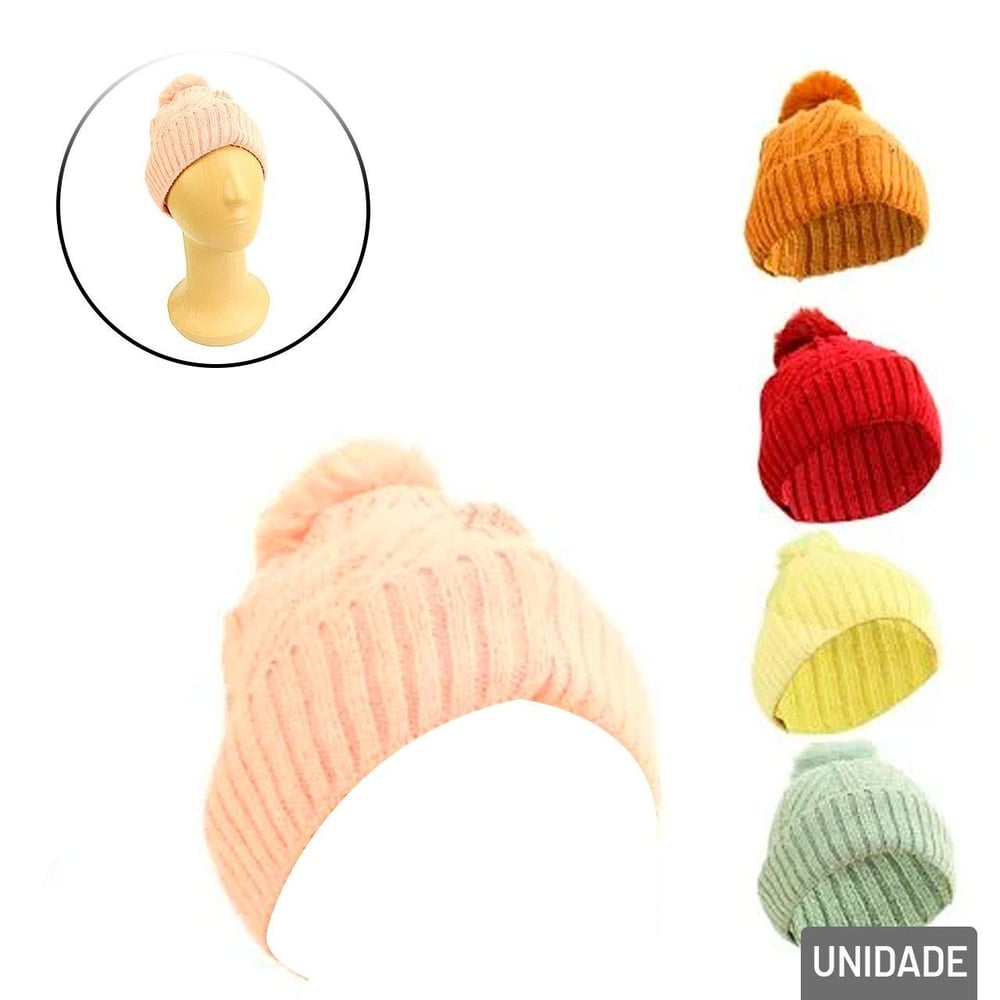 Touca Adulto Poliéster Forro Felpudo Pompom Color