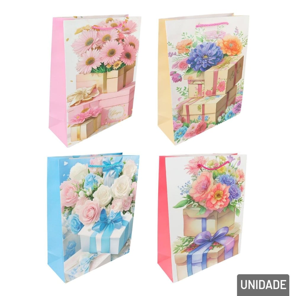 Sacola de Papel 32x26cm Flores Glitter Sortidas