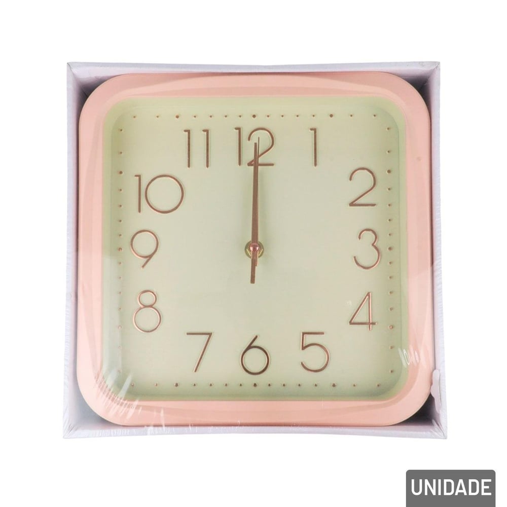 Relógio Analógico de Parede 25cm Quadrado Rosa