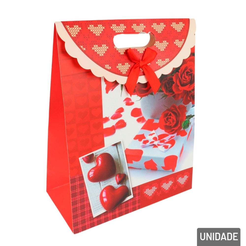 Sacola de Papel 32x25cm Corações com Laço