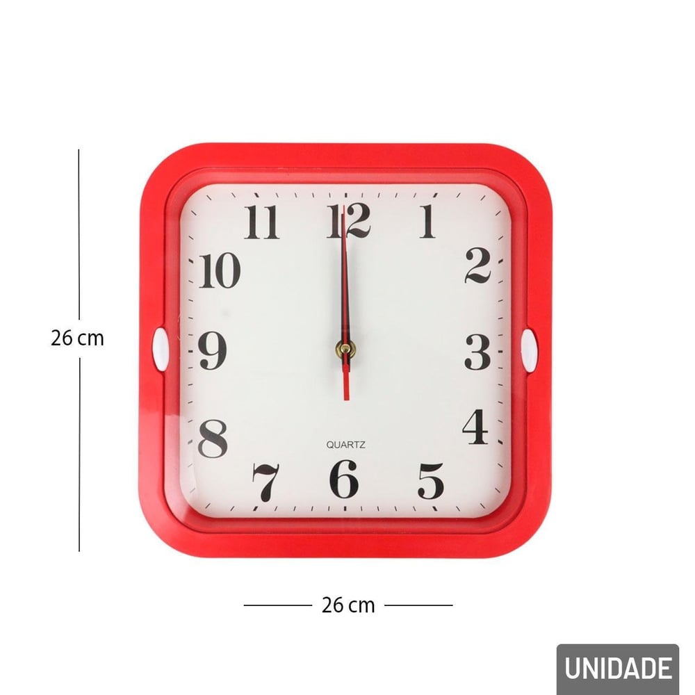Relógio Analógico de Parede 26cm Quadrado Vermelho