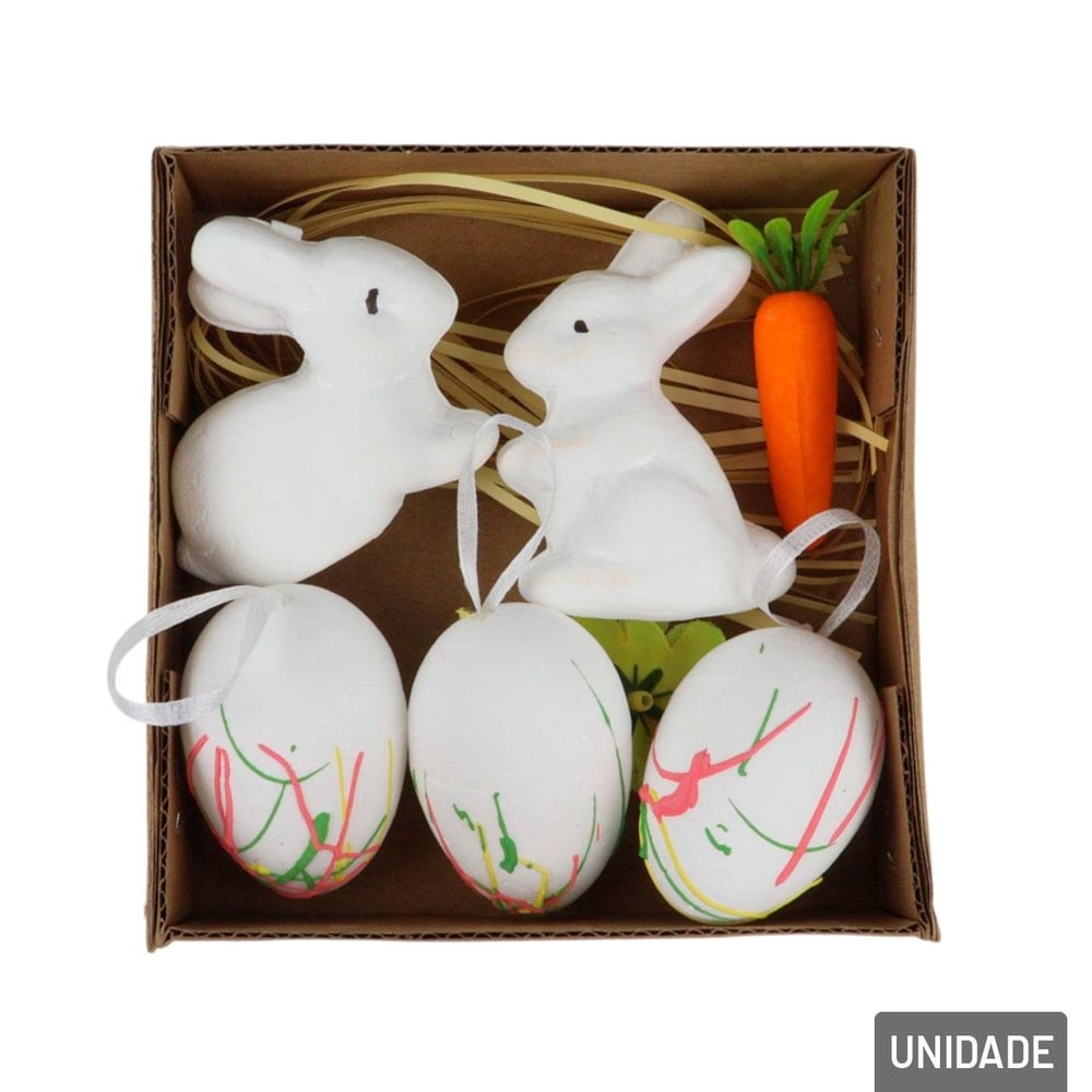 Enfeite de Páscoa Coelhos e Ovos 5 Peças Branco
