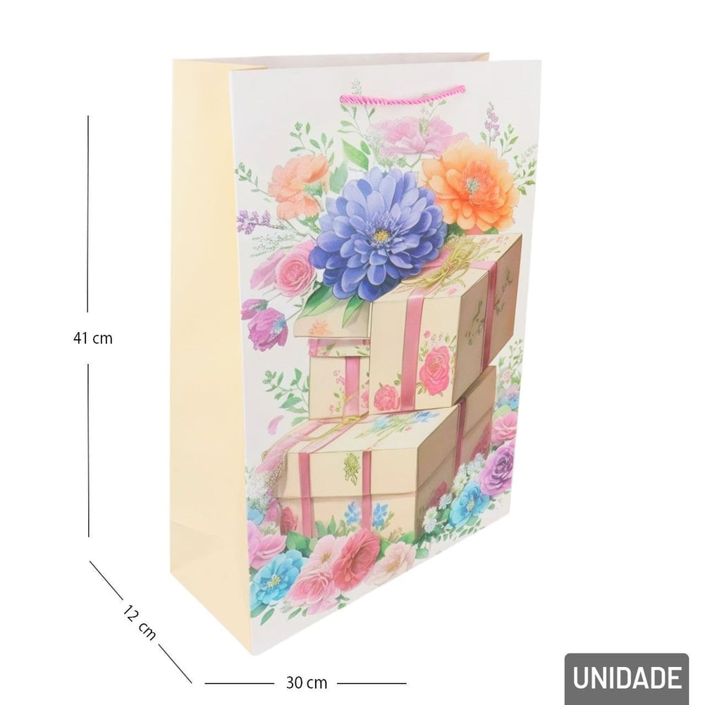 Sacola de Papel 41x30cm Flores Glitter Sortidas