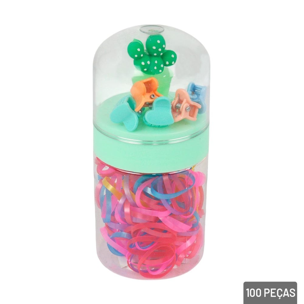 Elástico de Cabelo 100 Peças Silicone e Presilhas