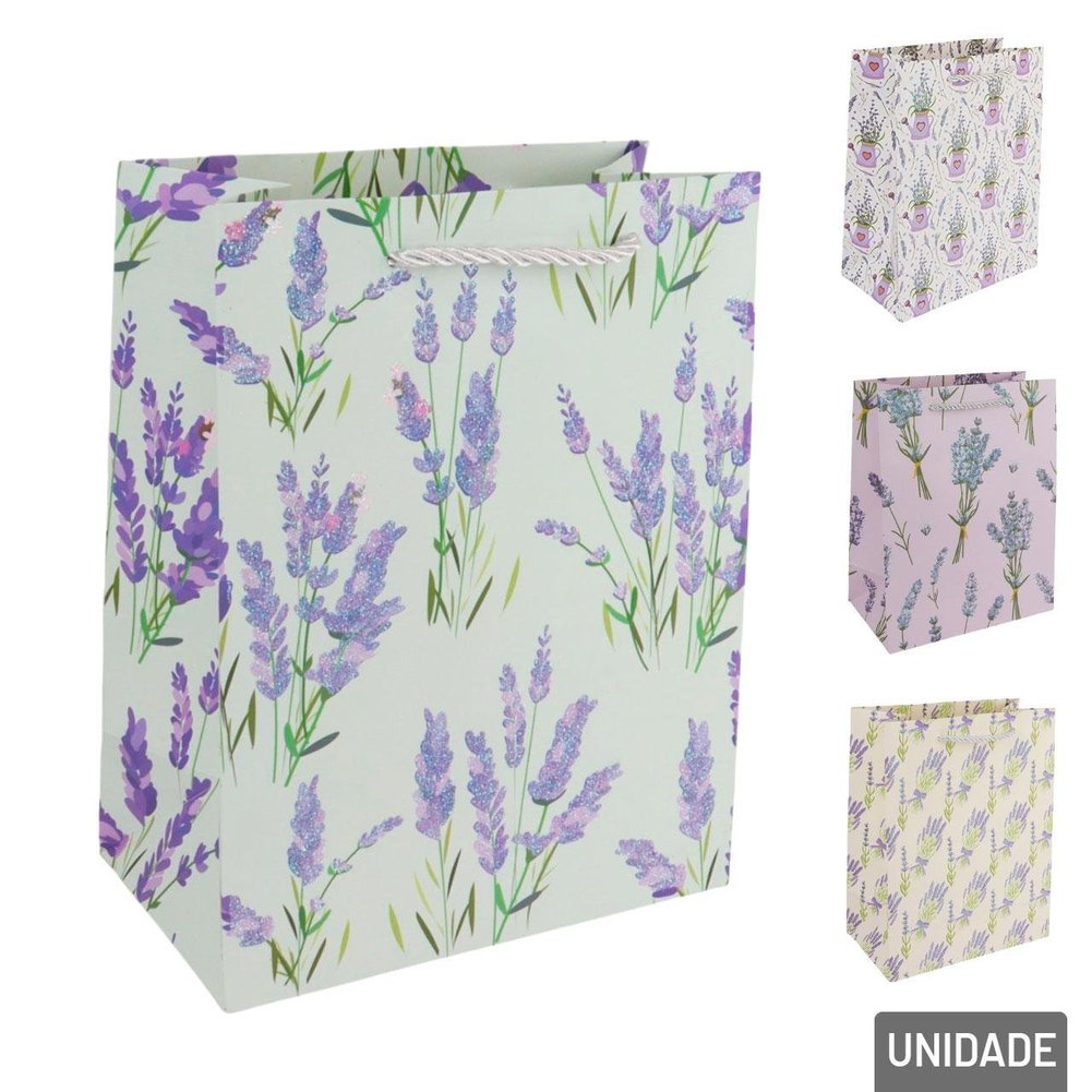 Sacola Papel 23x18cm Flores Lavanda Glitter