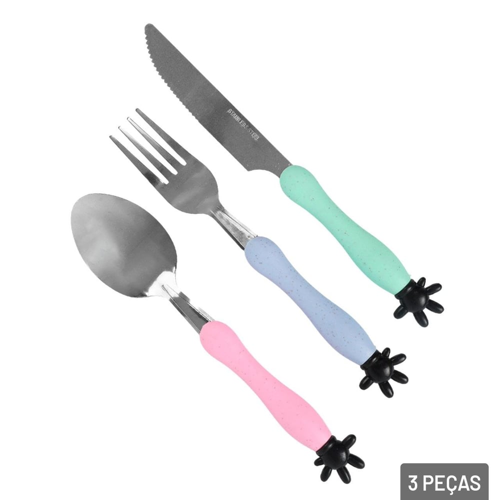 KIT Talher Inox 3 Peças Infantil Mão Color