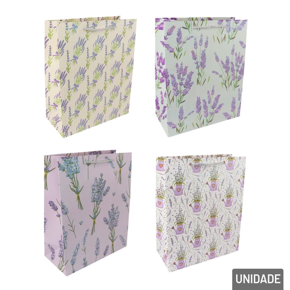 Sacola de Papel 32x26cm Flores Lavanda Glitter