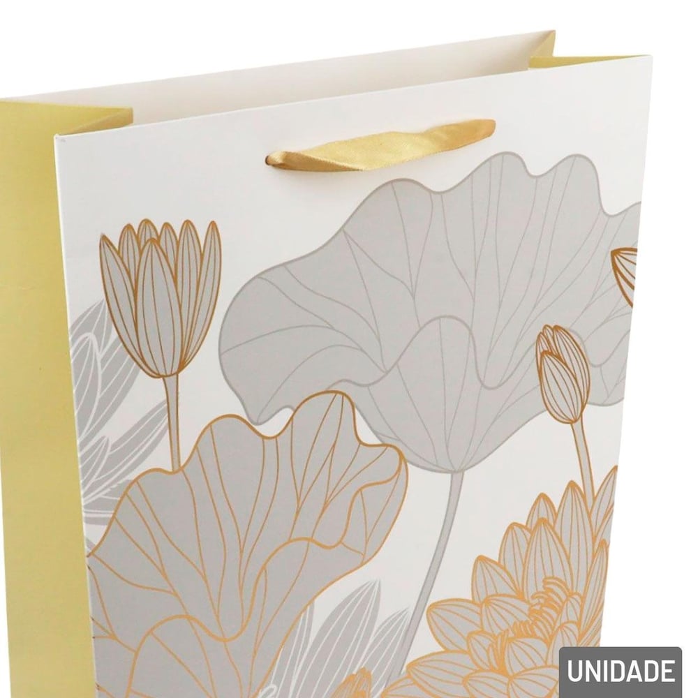 Sacola de Papel 33x25cm Flores Metalizada Branca
