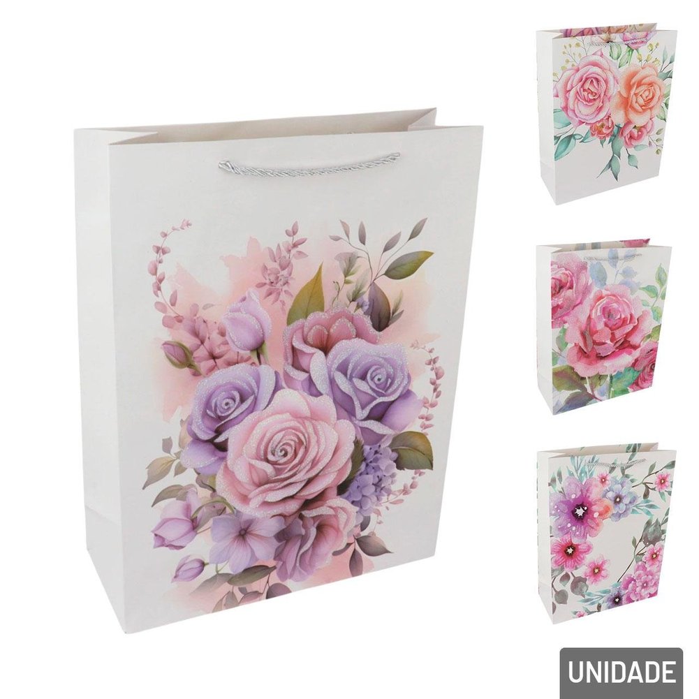Sacola de Papel 40x30cm Flores Glitter Sortidas