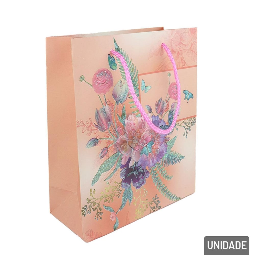 Sacola de Papel 32x26cm Flores com Glitter Color