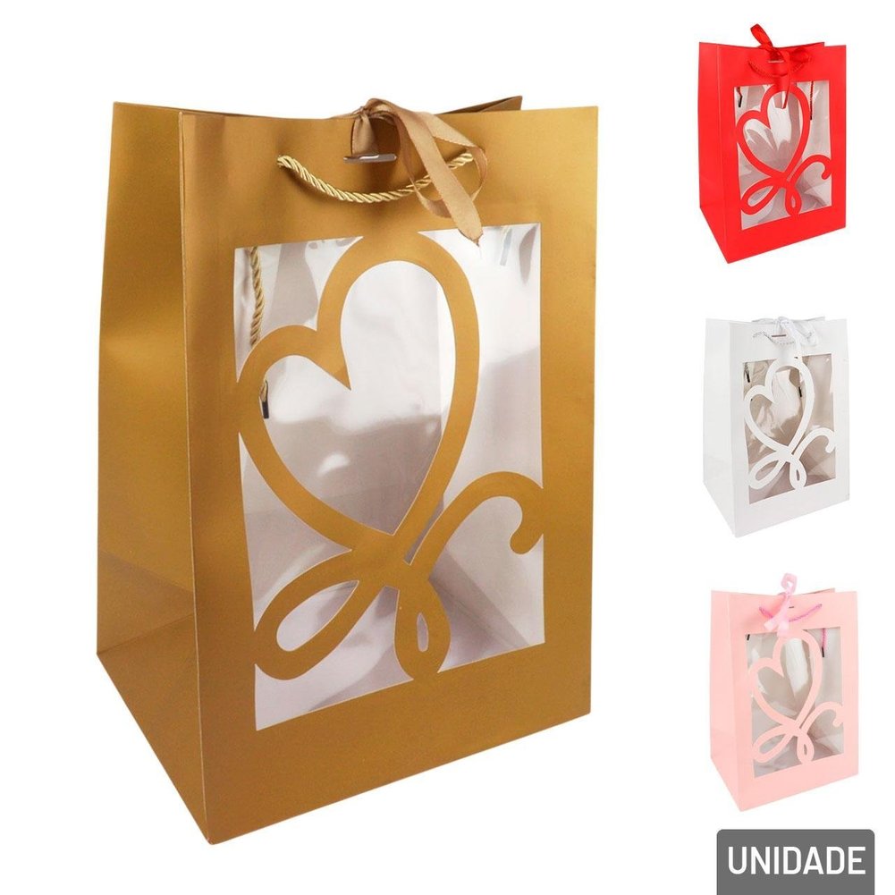Sacola de Papel 35x25cm com Visor Coração e Laço