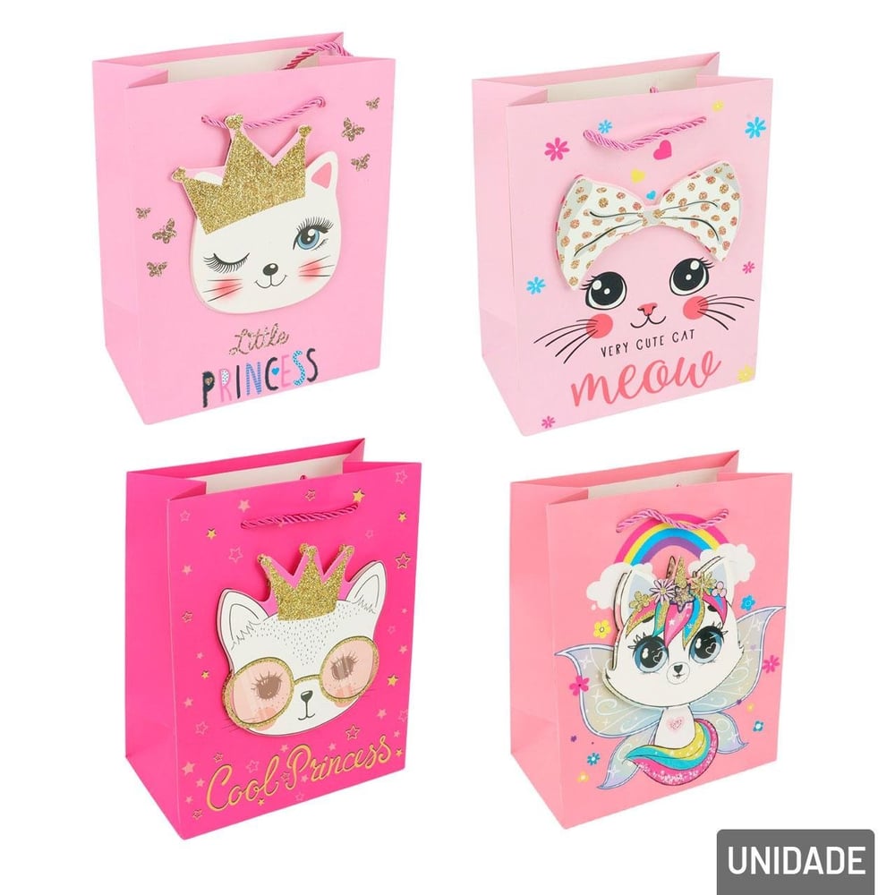 Sacola de Papel 23x18cm Gatos 3D Glitter Sortidos