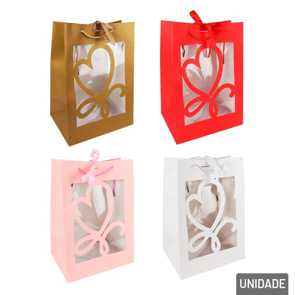 Sacola de Papel 35x25cm com Visor Coração e Laço