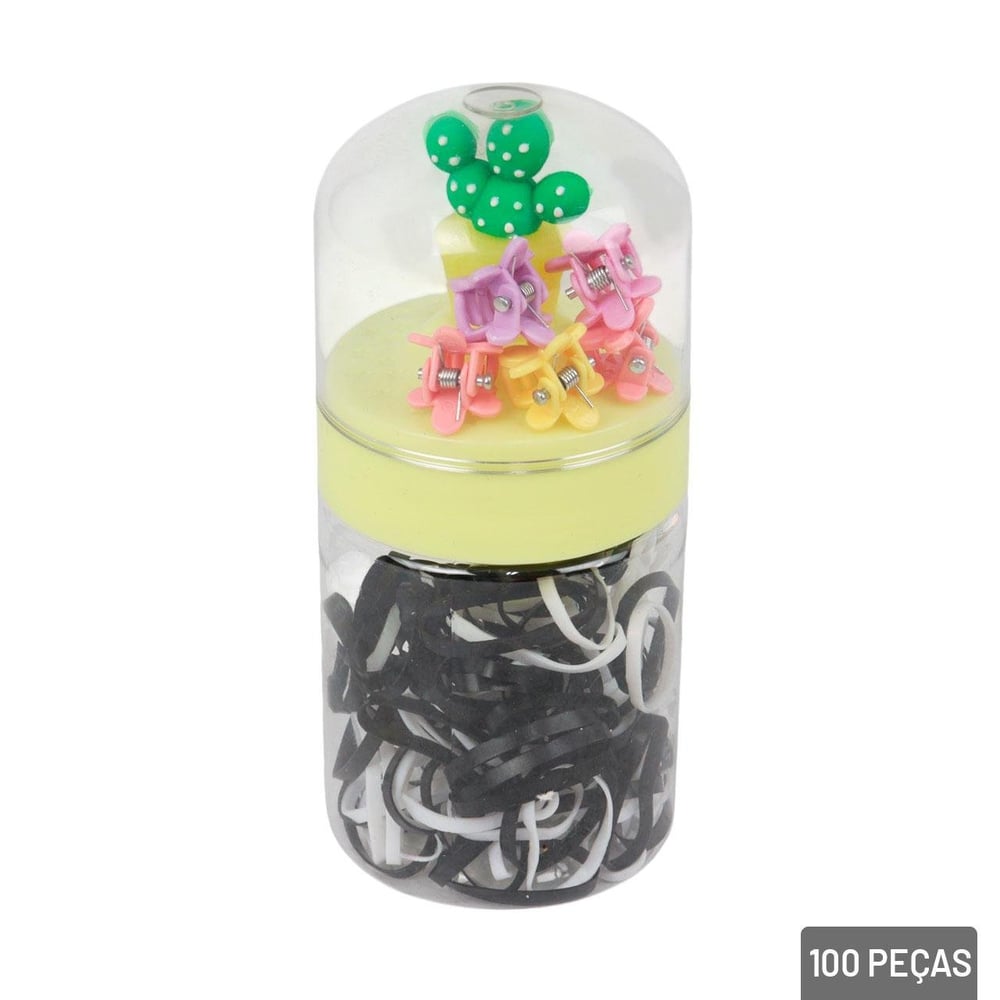 Elástico de Cabelo 100 Peças Silicone e Presilhas