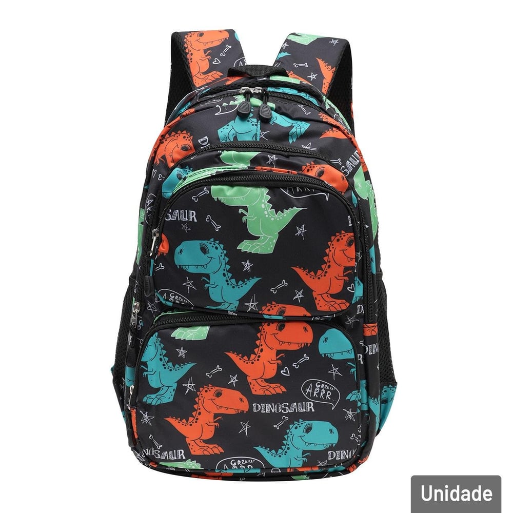 Mochila Juvenil 18'' 46cm Dinossauro Preto