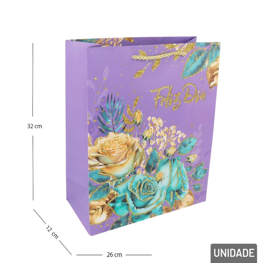 Sacola de Papel 32x26cm Flores Glitter Sortidas
