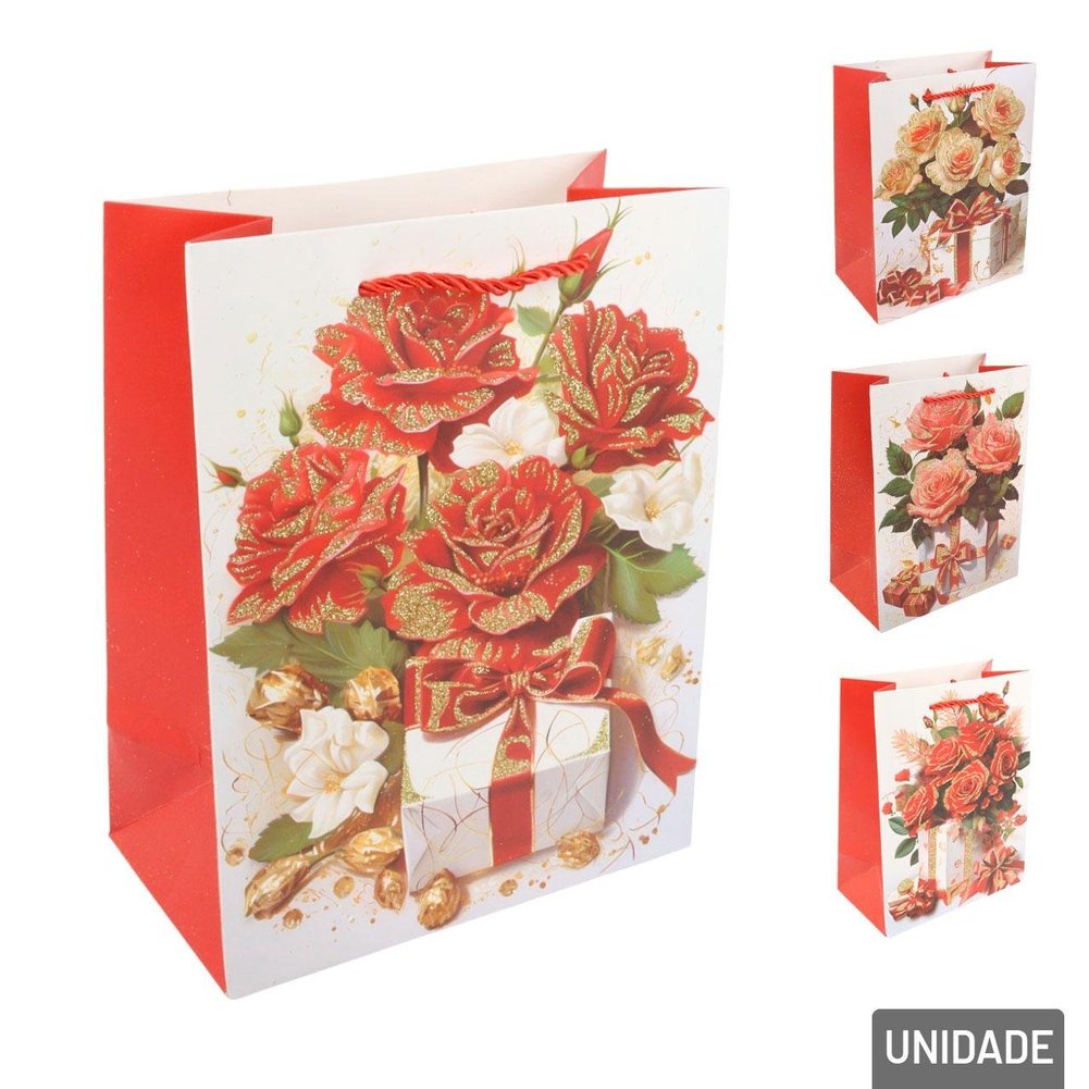 Sacola de Papel 23x18cm Rosas Glitter Sortidas