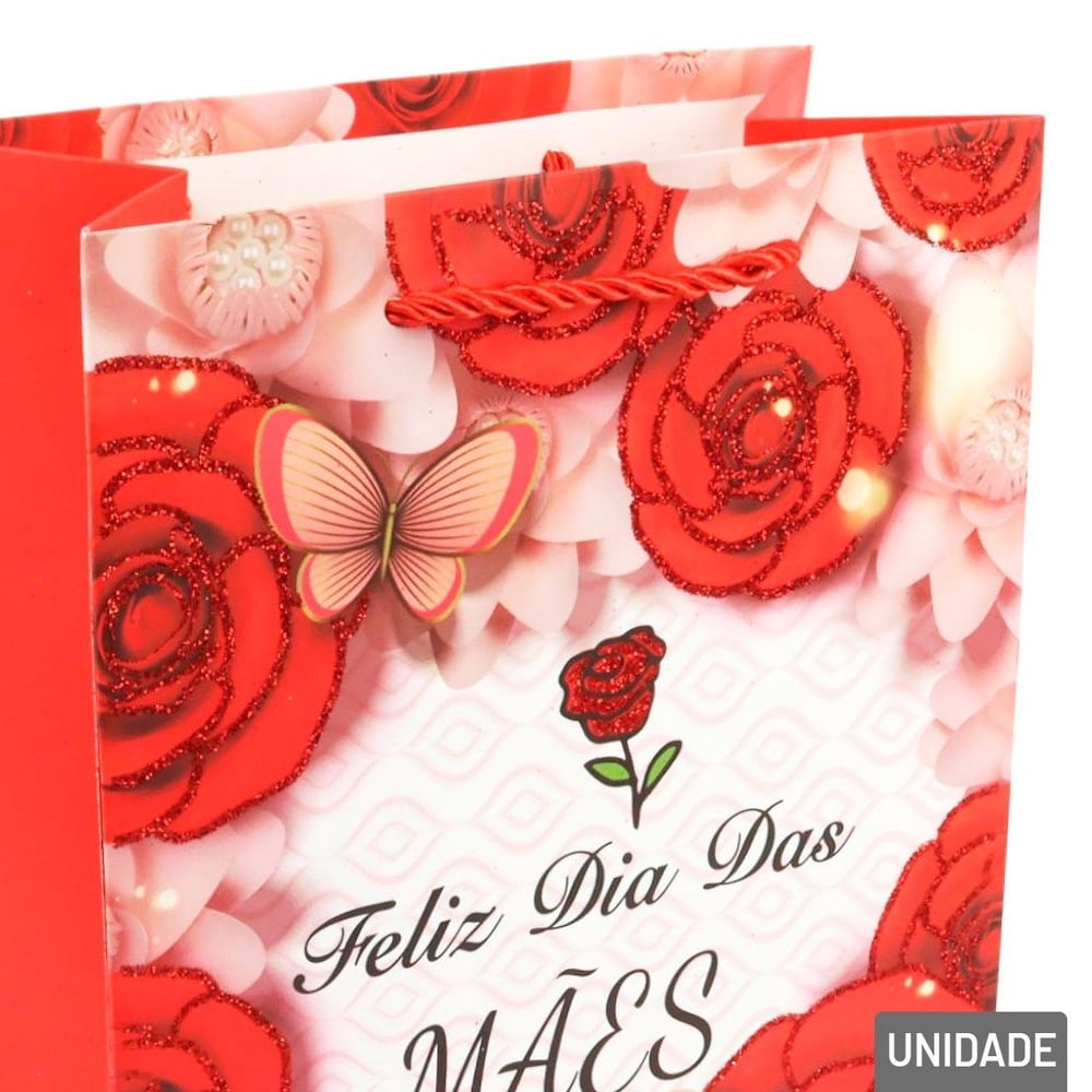 Sacola de Papel 23x18cm Flores Glitter Vermelho
