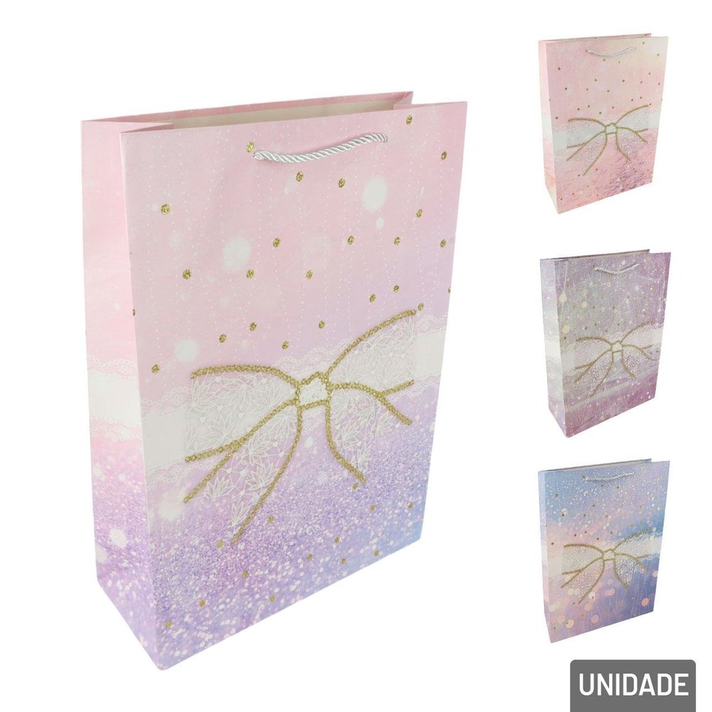 Sacola de Papel 32x26cm Laço com Glitter Color
