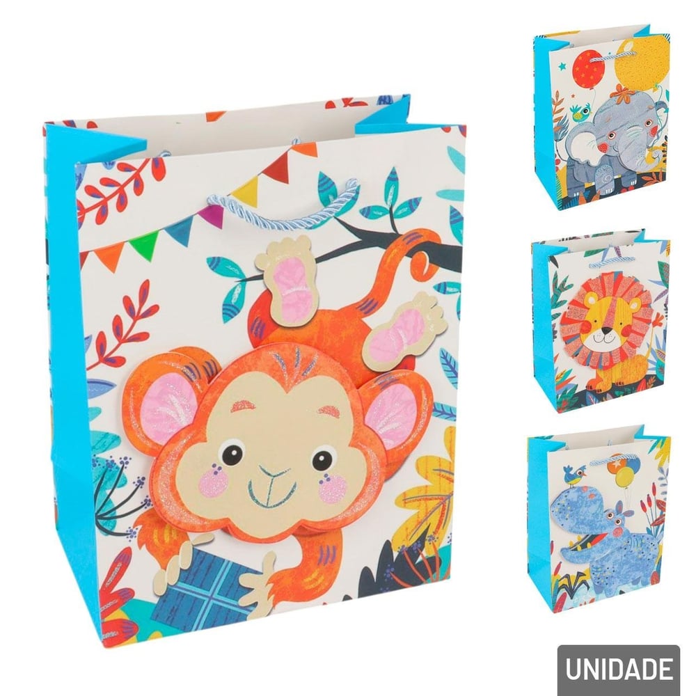 Sacola de Papel 23x18cm Animais 3D Glitter Sortido