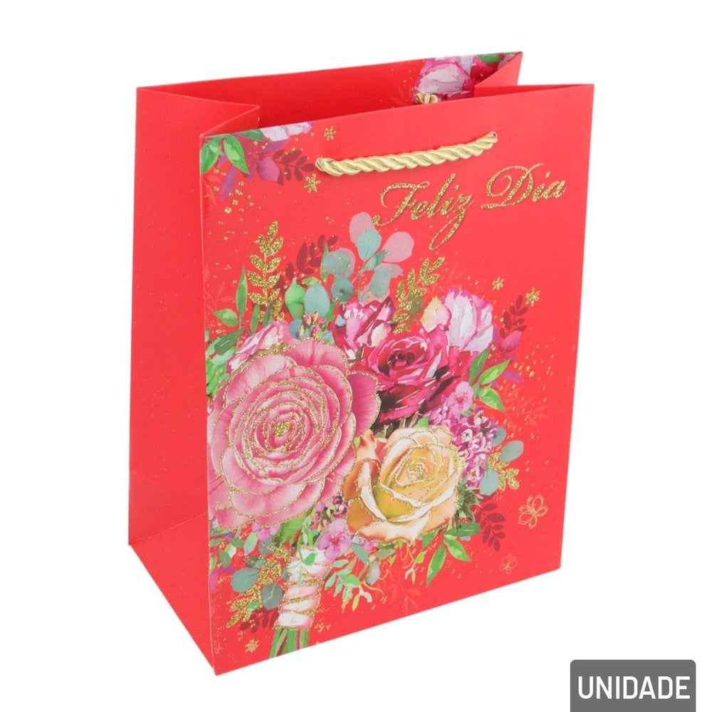 Sacola de Papel 23x18cm Flores Glitter Sortidas