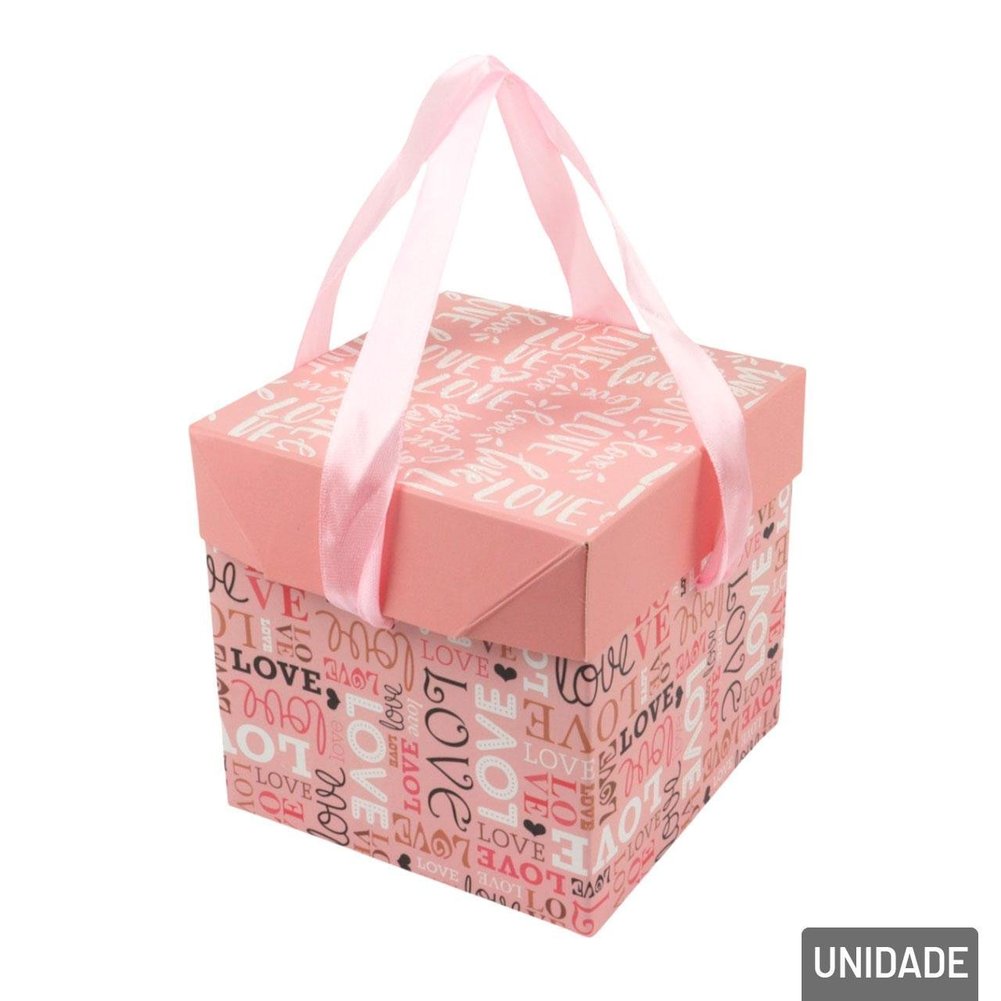 Caixa de Presente de Papel 10cm Love Rosa com Laço
