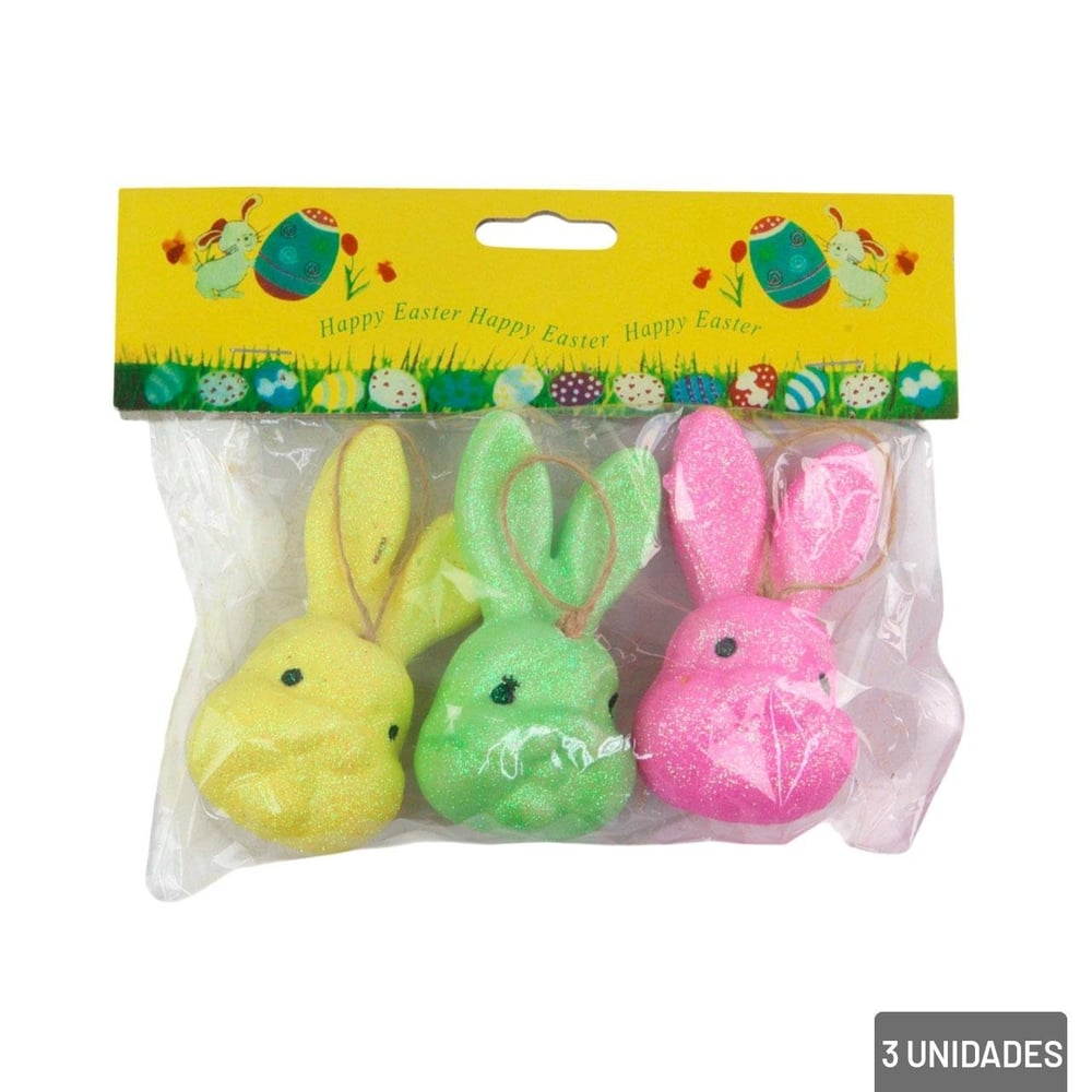 Enfeite de Páscoa Coelho Decorados Glitter 3 Peças