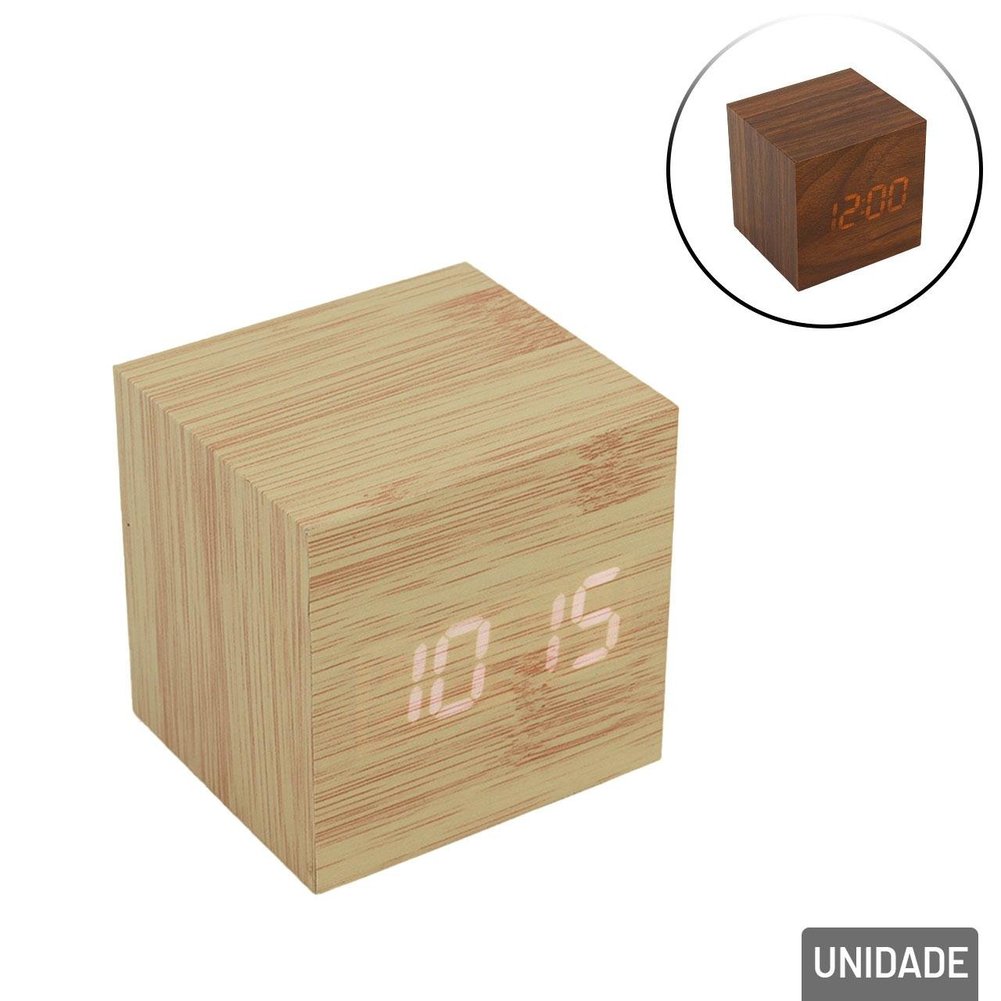 Relógio de Mesa Digital 6,5cm Madeira Despertador