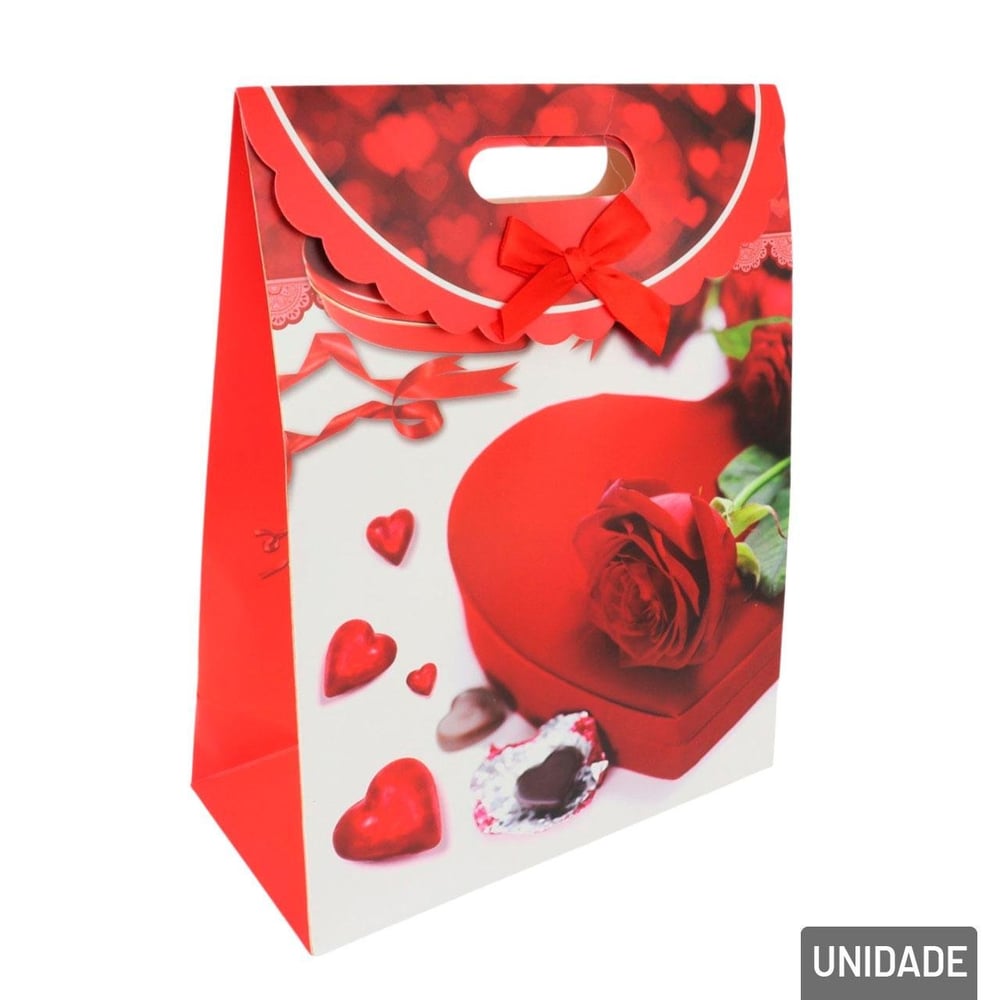 Sacola de Papel 32x25cm Corações com Laço