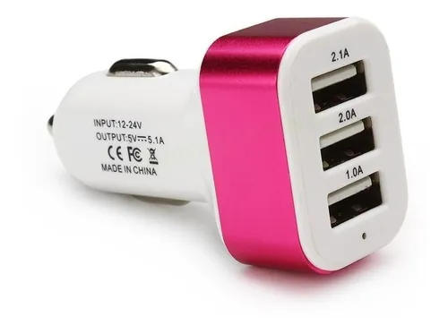 Carregador Veicular com 3 Portas USB - Rosa