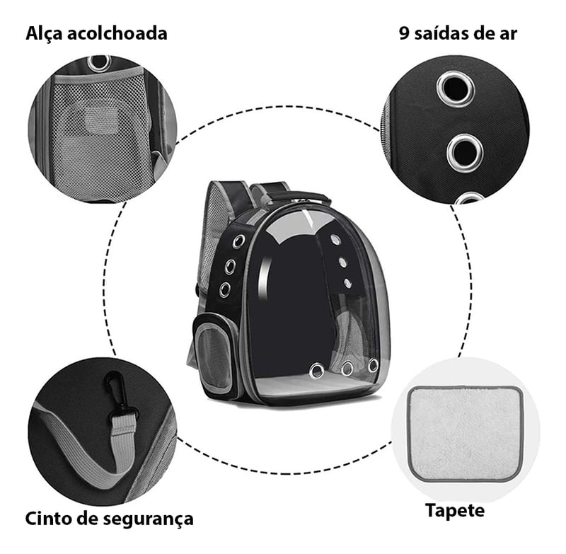 Mochila Pet Visão Panorâmica para Cachorro e Gato - Preta